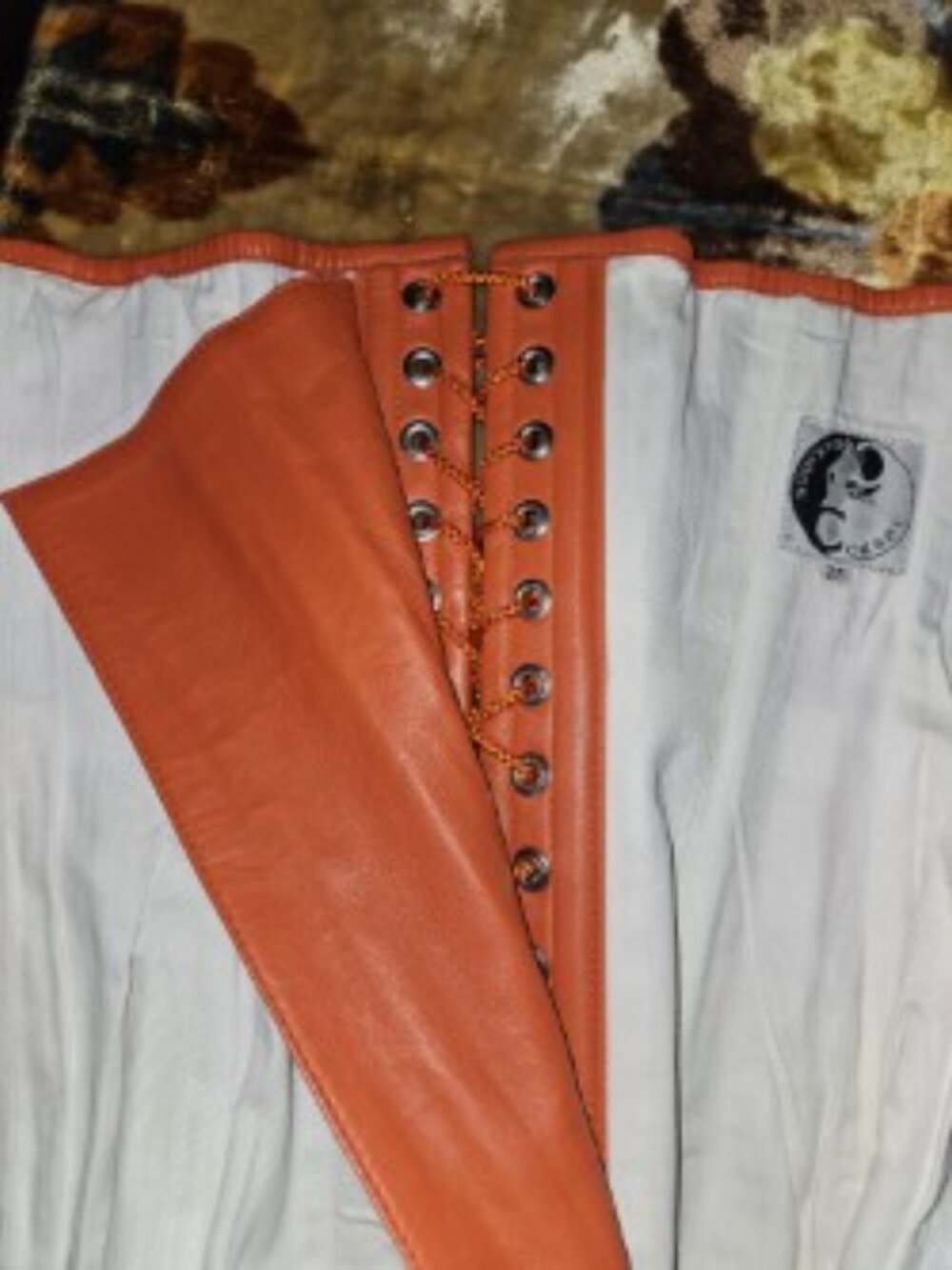 NWT 28"/LARGE ORANGE LEATHER CONCUBINE CORSET STEEL BONED TIGHT LACING ELEGANT - Picture 6 of 8
